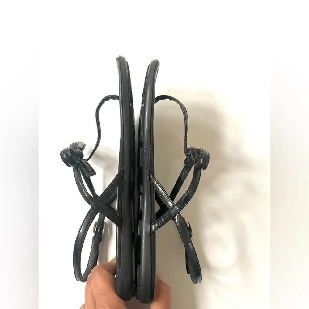 Prada Black Patent leather bow tie logo embellished T strap flat sandals EU 39.5 - Picture 6 of 13